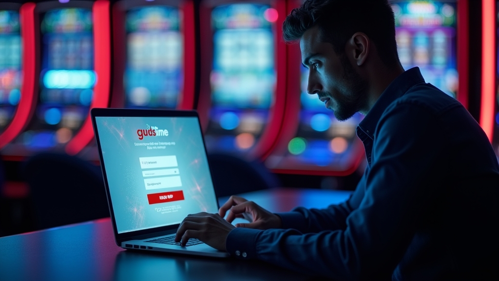 Un giocatore completa un modulo di registrazione online sicuro in un ambiente da casinò al neon