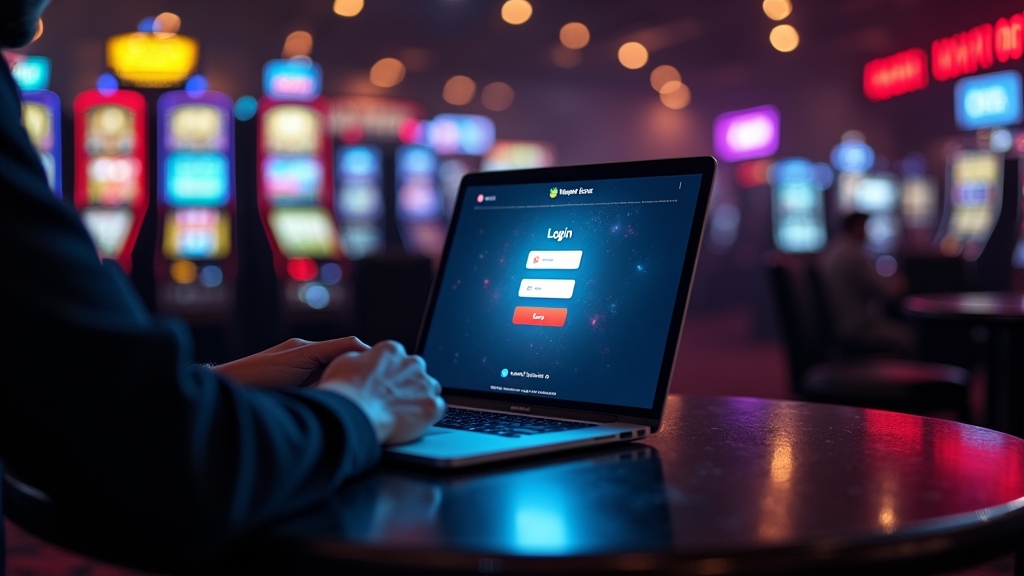 Una persona controlla una schermata di accesso sicura in un ambiente da casinò scuro al neon