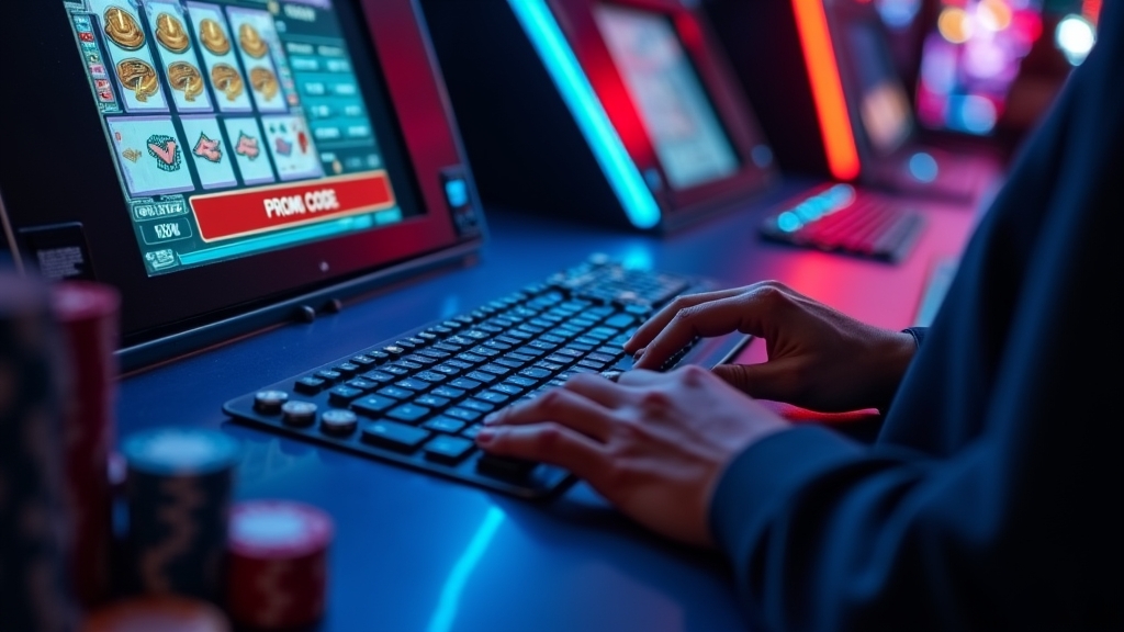Schermo della cassa del casinò con un campo codice promozionale in un ambiente illuminato al neon