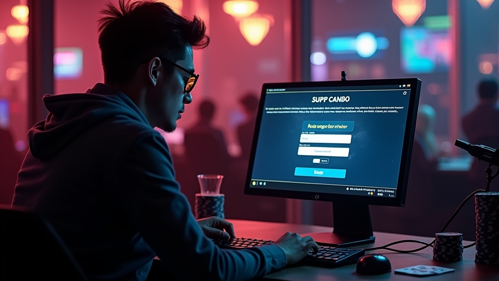 Joueur dépannant une erreur de connexion au comptoir d’aide d’un casino sombre