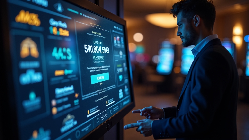 Joueur se connectant à un terminal de connexion de casino lumineux dans un hall sombre