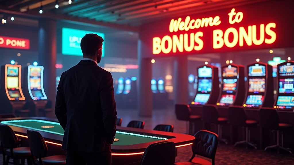 Nuovo giocatore che consulta un bonus di benvenuto in una lobby del casinò illuminata al neon